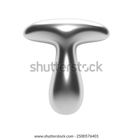 3D chrome bubble letter T in Y2K futuristic style. Shiny silver glossy surface with inflated liquid metal form. Isolated alphabet letter from trendy vector render font for modern typography and design
