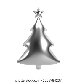 3d chrome Christmas tree with shiny reflective silver metallic surface. Isolated vector design element for holiday, festive, New Year, and winter season decorations