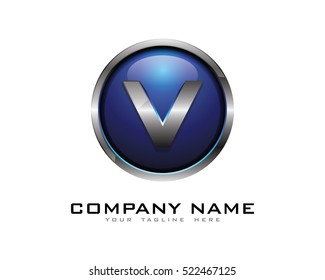 3D Chrome Circle Letter V Logo Design Template