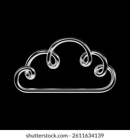 3D chrome cloud shape. Metallic silver spiral lines. Abstract Y2K element. Futuristic design, vaporwave style. Isolated vector on black background