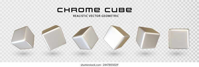3d chrome cube shape realistic vector graphic isolated on transparent background. Geometric square figure y2k icon design. Creative futuristic polygon