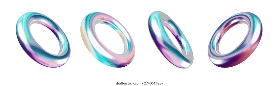 3D chrome donut with holographic reflections. Metallic ring shape isolated on white. Modern abstract torus render for minimalist design and dynamic decor projects.