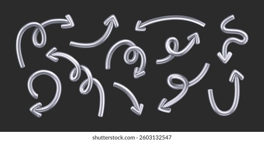 3D chrome doodle arrow set in Y2K style, isolated on a dark background. Render of 3D chrome liquid curve and swirl arrows, rotating up, down, and right with metal silver effect. 3D vector Y2K figure