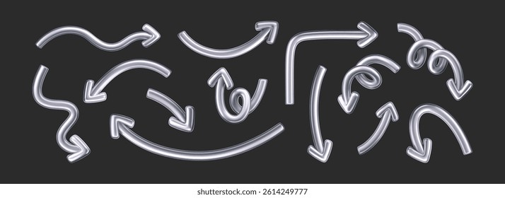 3D chrome doodle arrow set in Y2K style, isolated on a dark background. Render of 3D chrome liquid curve and swirl arrows, rotating up, down, and right with metal silver effect. 3D vector Y2K figure