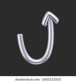 3D chrome doodle arrow in Y2K style, isolated on a dark background. Render of 3D chrome liquid curve and swirl arrow, rotating up, down, and right with a metal silver effect. 3D vector Y2K figure