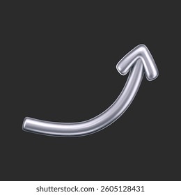 3D chrome doodle arrow in Y2K style, isolated on a dark background. Render of 3D chrome liquid curve and swirl arrow, rotating up, down, and right with a metal silver effect. 3D vector Y2K figure