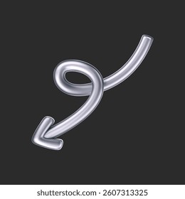 3D chrome doodle arrow in Y2K style, isolated on a dark background. Render of 3D chrome liquid curve and swirl arrow, rotating up, down, and right with a metal silver effect. 3D vector Y2K figure