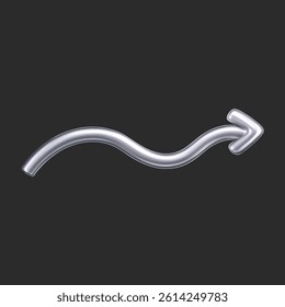 3D chrome doodle arrow in Y2K style, isolated on a dark background. Render of 3D chrome liquid curve and swirl arrow, rotating up, down, and right with a metal silver effect. 3D vector Y2K figure