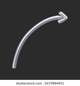 3D chrome doodle arrow in Y2K style, isolated on a dark background. Render of 3D chrome liquid curve and swirl arrow, rotating up, down, and right with a metal silver effect. 3D vector Y2K figure