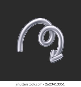 Flecha del doodle del cromo 3D en estilo Y2K, aislado en un fondo oscuro. Render de la curva líquida de cromo 3D y flecha de remolino, girando hacia arriba, hacia abajo y hacia la derecha con un efecto de plata de metal. Figura Y2K de Vector 3D