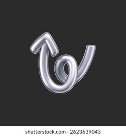 3D-chromen doedelpijl in Y2K-stijl, geïsoleerd op een donkere achtergrond. Render van 3D chroom vloeistofcurve en wervelpijl, roterend omhoog, omlaag en rechts met een metaal zilver effect. 3D-vector Y2K-figuur