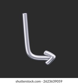 3D chrome doodle arrow in Y2K style, isolated on a dark background. Render of 3D chrome liquid curve and swirl arrow, rotating up, down, and right with a metal silver effect. 3D vector Y2K figure