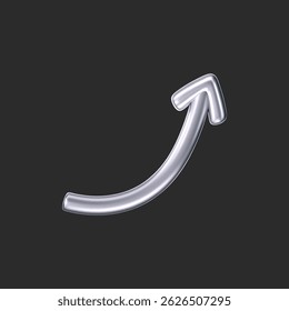 3D chrome doodle arrow in Y2K style, isolated on a dark background. Render of 3D chrome liquid curve and swirl arrow, rotating up, down, and right with a metal silver effect. 3D vector Y2K figure