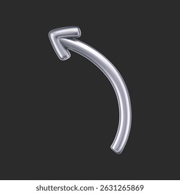 3D chrome doodle arrow in Y2K style, isolated on a dark background. Render of 3D chrome liquid curve and swirl arrow, rotating up, down, and right with a metal silver effect. 3D vector Y2K figure