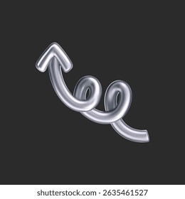3D chrome doodle arrow in Y2K style, isolated on a dark background. Render of 3D chrome liquid curve and swirl arrow, rotating up, down, and right with a metal silver effect. 3D vector Y2K figure