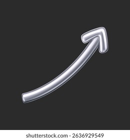 3D chrome doodle arrow in Y2K style, isolated on a dark background. Render of 3D chrome liquid curve and swirl arrow, rotating up, down, and right with a metal silver effect. 3D vector Y2K figure