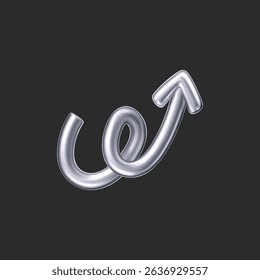 3D chrome doodle arrow in Y2K style, isolated on a dark background. Render of 3D chrome liquid curve and swirl arrow, rotating up, down, and right with a metal silver effect. 3D vector Y2K figure