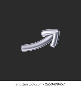 3D chrome doodle arrow in Y2K style, isolated on a dark background. Render of 3D chrome liquid curve and swirl arrow, rotating up, down, and right with a metal silver effect. 3D vector Y2K figure