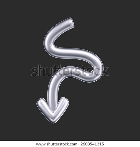 3D chrome doodle arrow in Y2K style, isolated on a dark background. Render of 3D chrome liquid curve and swirl arrow, rotating up, down, and right with a metal silver effect. 3D vector Y2K figure