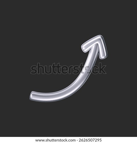 3D chrome doodle arrow in Y2K style, isolated on a dark background. Render of 3D chrome liquid curve and swirl arrow, rotating up, down, and right with a metal silver effect. 3D vector Y2K figure