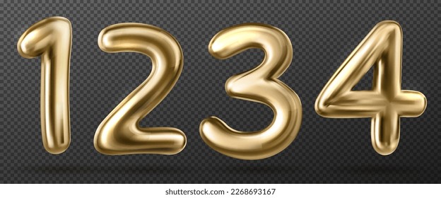 3d chrome effect number font set in realism. Vector golden alphabet on transparent background for premium design. Exclusive glossy typeface with isolated icon. Showtime ballon shape symbol