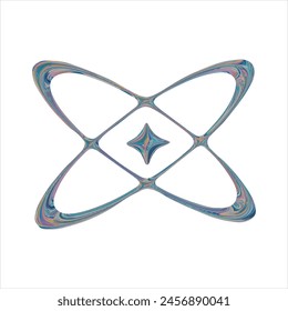 3D Chrome Element Atom with rainbow refraction in Y2K Style. Realistic silver element on transparent background in 2000s style