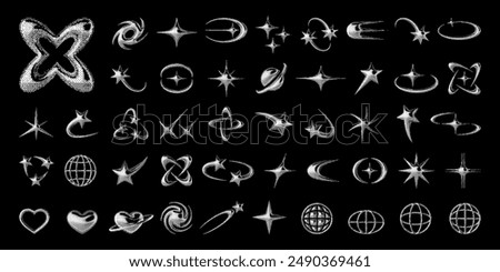 3D chrome elements set with star, heart, spark, and other Y2K shapes. Silver metallic shine with retro-futuristic pixel halftone effect. Glossy abstract vector elements for modern and retro designs