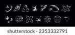 3D chrome elements. Y2K abstract silver space icons. Galaxy and cosmic technology. Cyber stars. Atom symbol. Universe planet and comets. Glossy spaceship. Vector vintage metal shapes set