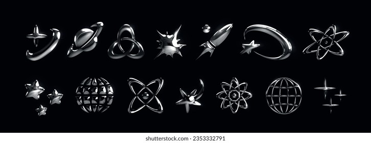 Elementos cromados 3D. Iconos abstractos del espacio plateado Y2K. Galaxia y tecnología cósmica. Ciberestrellas. Símbolo átomo. Planeta universal y cometas. Nave espacial brillante. Conjunto de formas de metal vectorial