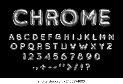 3d chrome english alphabet. Bubble letters, numbers and symbols with silver metallic effect. Inflated abc, plump pop characters. Vector illustration rendering. Balloon latin text.