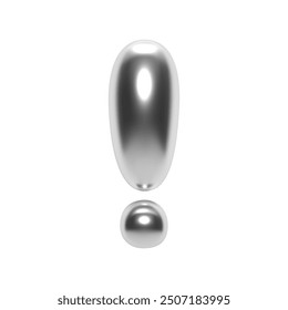 3D chrome exclamation mark in Y2K bubble style. Shiny silver surface with inflated liquid metal form. Isolated attention warning sign, vector render for modern typography and graphic projects