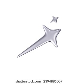 3d chrome falling or flying star in y2k futuristic style isolated on white background. Render 3d silver metal galaxy shooting star emoji with blings and sparks. 3d vector y2k illustration