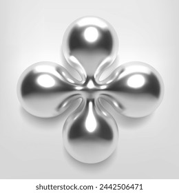 3D chrome flower shape, Y2K retro future vector element with metallic, glossy silver surface. Abstract liquid metal, geometric and shiny droplet design