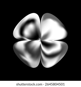 3D chrome flower in Y2K style. Metallic abstract shape with holographic gradient and glossy texture. Futuristic vector element with sparkle, fluid form and shiny silver reflection. Isolated render.