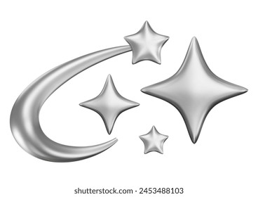 3d chrome futuristic stars. y2k geometric magic symbol. Techno design element, cyber shapes. Abstract dynamic orbit, glossy galaxy, steel sparkle. Vector isolated illustration. Cartoon figure.