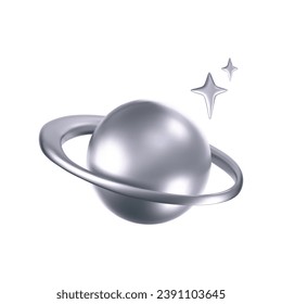 3d chrome galaxy planet icon with stars in y2k style isolated on white background. Render of 3d silver metal planet emoji with shiny gradient effect. 3d vector y2k illustration