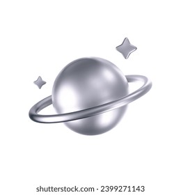 3d chrome galaxy planet icon with stars in y2k style isolated on white background. Render of 3d silver metal planet emoji with shiny gradient effect. 3d vector y2k illustration
