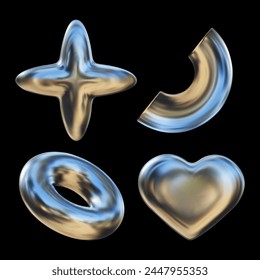 3D chrome geometric shapes. Futuristic chrome liquid shapes heart, stars, donuts with gradient reflection. 3D vector art in Y2K style.