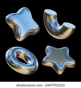 3D chrome geometric shapes. Futuristic chrome liquid shapes of semicircular pipe, star, donut, quadrangle with gradient reflection. 3D vector art in Y2K style.