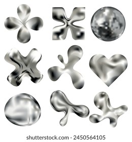3d chrome glossy abstract shapes set. Liquid metallic different forms isolated on a white background. Chrome design elements collection.Vector design elements in retro futuristic style