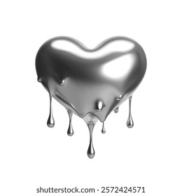 3D chrome glossy heart with silver dripping liquid effect. Isolated vector in retro-futuristic Y2K style for Valentine's Day, love and romantic designs. Ideal for posters, prints and social media