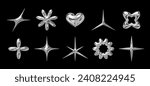 3d chrome glossy shapes set in y2k retro futuristic style. Liquid metallic star, heart, flower, and sparkle forms as isolated vector design elements for a 2000s aesthetic