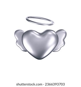 3d chrome heart icon with angel wings in y2k style isolated on a white background. Render of 3d silver love heart emoji with glossy gradient effect. 3d vector y2k illustration