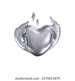 3d chrome heart icon with fire flame in y2k style isolated on a white background. Render of 3d silver hot heart emoji with glossy gradient effect. 3d vector y2k illustration