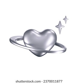 Icono del corazón 3d cromado como el planeta galaxia con estrellas de estilo y2k aisladas en fondo blanco. Representación del emoji 3d de corazón plateado con efecto gradiente brillante. Ilustración vectorial y2k