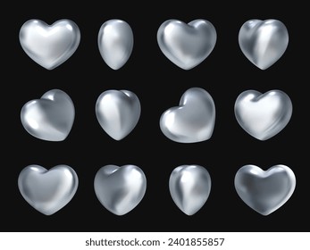 Corazón cromado 3d. Rotación de corazones metálicos, hierro de acero platino brillante objeto de metal aislado símbolo de amor forma geométrica diseño y2k ilustración vectorial realista de corazones de cromo metálico