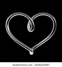 3D chrome heart shape isolated on black. Futuristic Y2K abstract metallic line, glossy silver curved wire design element. Trendy symbol of love