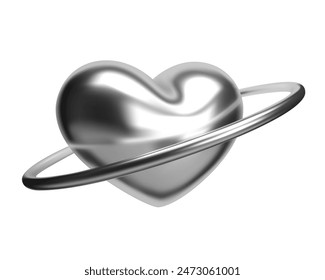 Corazón cromado 3d con una elegante superficie plateada metálica y un anillo. Elemento abstracto aislado en estilo y2k, ideal para el amor, San Valentín y temas románticos, añadiendo un toque futurista y brillante