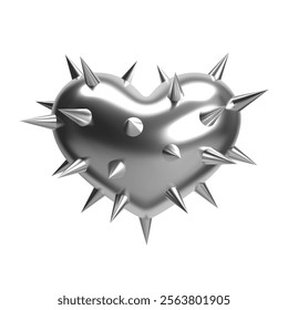 3D chrome heart with spikes and thorns, metallic shiny silver surface, isolated vector abstract object. Symbol of love, punk style design for Valentine’s Day, fashion, and Y2K aesthetics