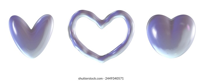 3D Chrome heart y2k set element. Silver Heart retro aesthetic. Trendy 3d metal vector. Chrome holographic elements. 